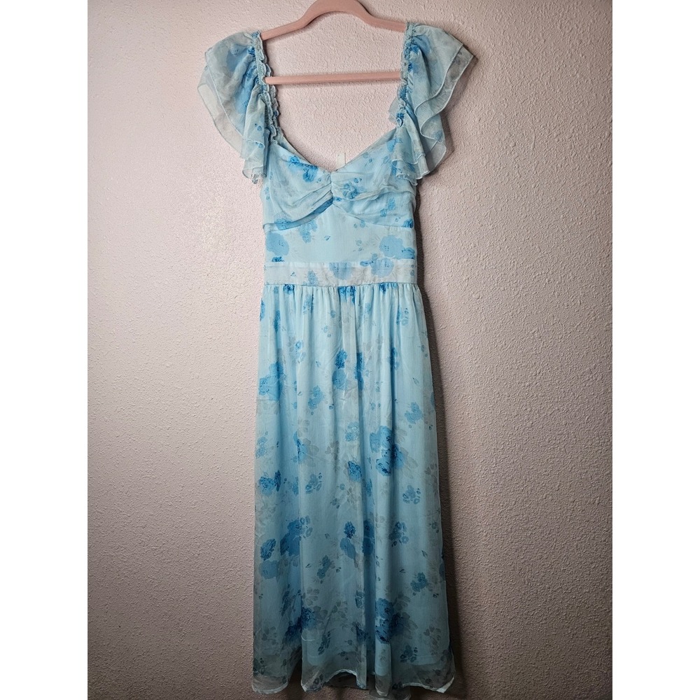 Lulus Light Blue Floral Ruffle Tie Back Maxi Dress Large Sweetheart Open Back